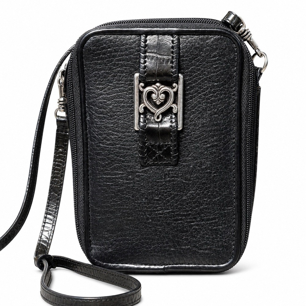 Brighton Women's Black Leather Crossbody Wallet Organizer Bag Heart Croc Accent
